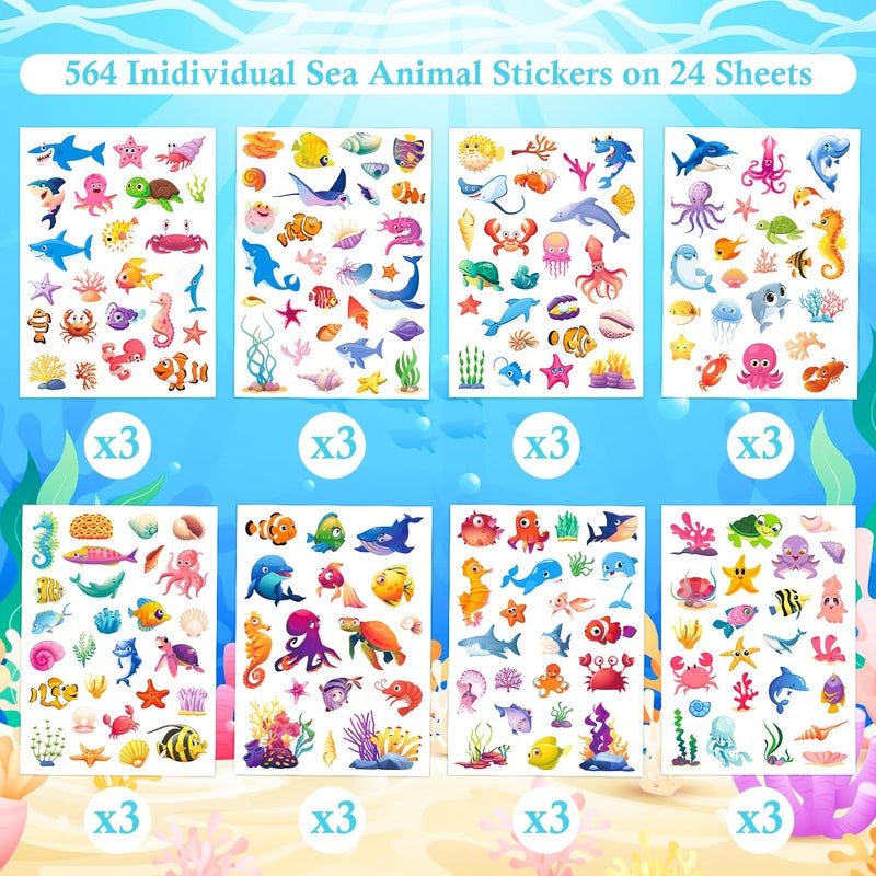 Ozepao 24 Sheets Ocean Stickers for Kids  564 Pcs Under The Sea Animal Waterproof Stickers Decorations Ideal for Water Bottles Party Favors Supplies Crafts Decor - Image 2